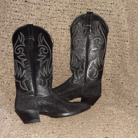 NOCONA-Classic Black Leather & Exotic Sting Ray Cowboy Boots-Sz 5C Nocona=6 Wome - Picture 6 of 9